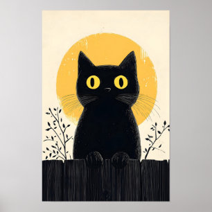 Poster Gato preto engraçado com Lua Cheia