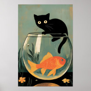 Poster Gato preto engraçado com peixe