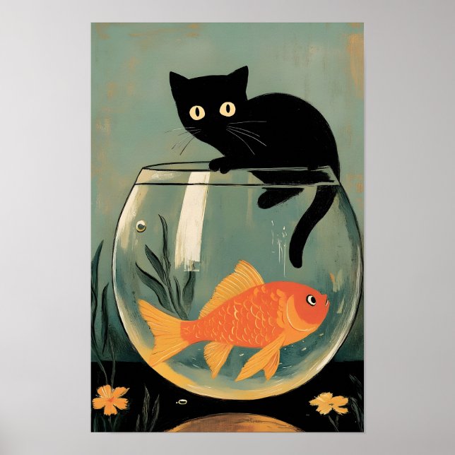 Poster Gato preto engraçado com peixe (Frente)