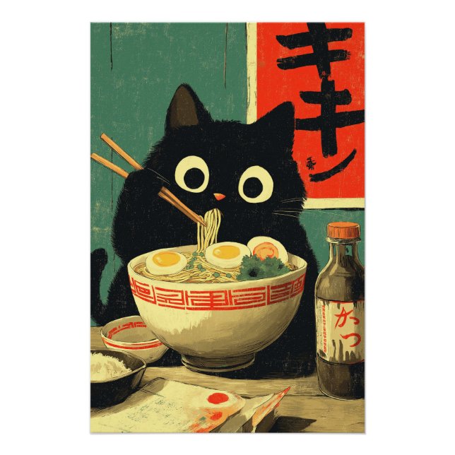 Póster Gato Preto Engraçado Comendo Ramen (Frente)
