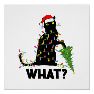Póster Gato Preto Engraçado Derrubando Árvore de Natal Ga