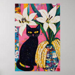 Poster Gato Preto Engraçado e Vaso de Flores 
