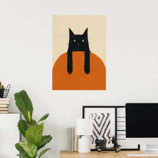 Poster Gato Preto Engraçado Espiando Minimalista Moderno