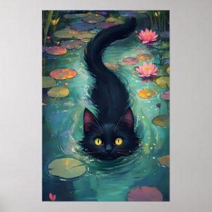 Poster Gato preto engraçado está nadando 
