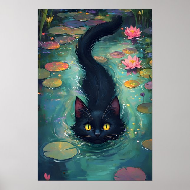 Poster Gato preto engraçado está nadando  (Frente)