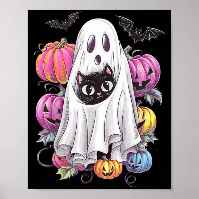 Poster Gato Preto Fantasma Com Abóboras Halloween Assusta (Frente)