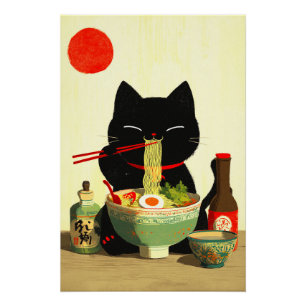 Póster Gato Preto Feliz Comendo Ramen Ukiyo-e Japonês