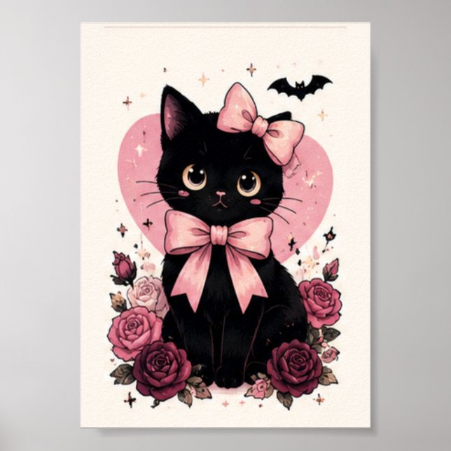 Poster Gato Preto Flor de Rosa com Laço Rosa (Frente)
