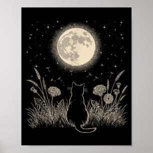 Poster Gato Preto Floral Estético Lua Gatinho Homens Mulh