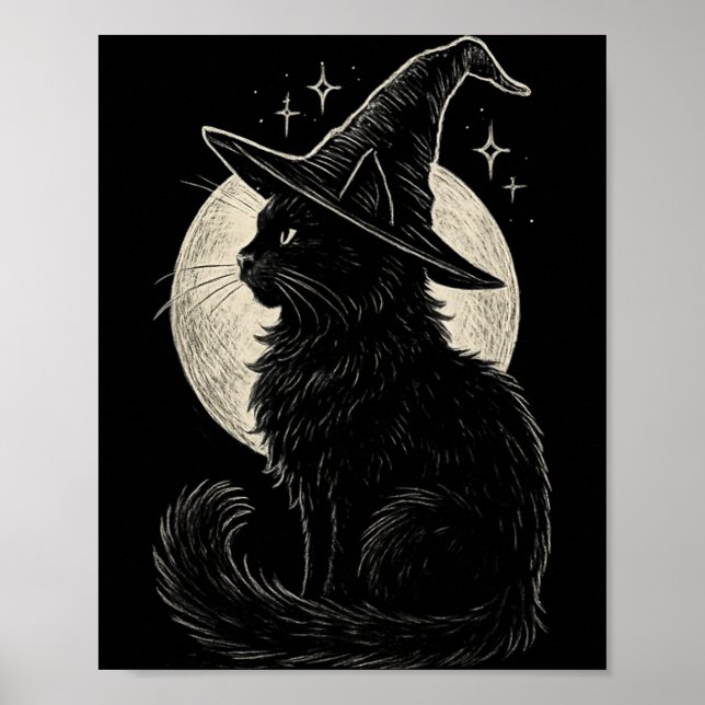 Poster Gato Preto Fofo Chapéu de Bruxa Lua Retro Coquette (Frente)
