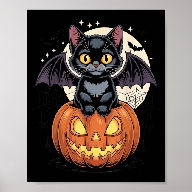 Poster Gato Preto Fofo Com Asas de Morcego Jack O Lantern (Frente)