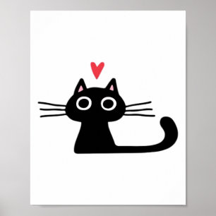 Poster Gato Preto Fofo com Coração Kitten Dia dos Namora