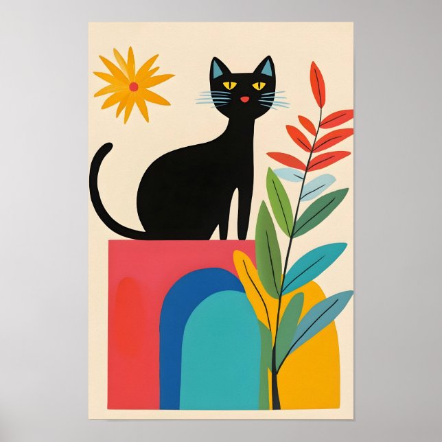Poster Gato preto fofo com flor colorida (Frente)
