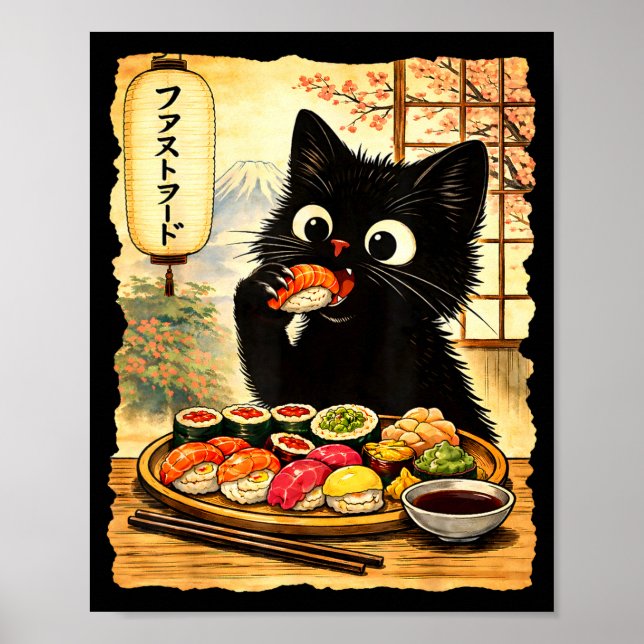 Poster Gato preto fofo comendo sushi kawaii comida japone (Frente)