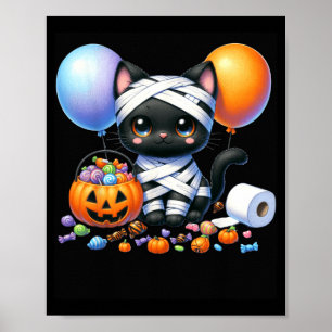 Poster Gato Preto Fofo de Halloween Abóbora Truque ou Tra