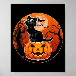 Poster Gato Preto Fofo do Halloween Chapéu de Bruxa Abóbo