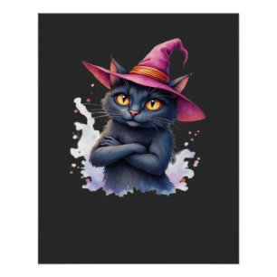 Póster Gato Preto Fofo em Chapéu de Bruxa � Arte Mágica d