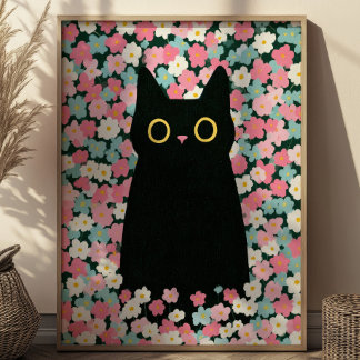 Poster Gato Preto Fofo Entre Margaridas Coloridas Animal 
