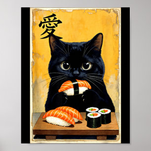 Poster Gato Preto Fofo Kawaii Comendo Sushi Japonês Engra