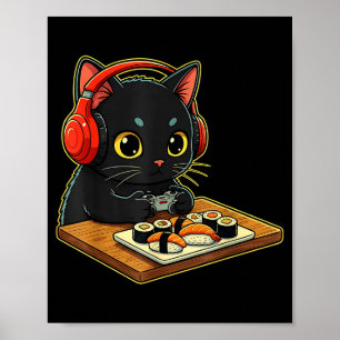 Poster Gato Preto Fofo Kawaii Sushi Divertido Japonês Ret