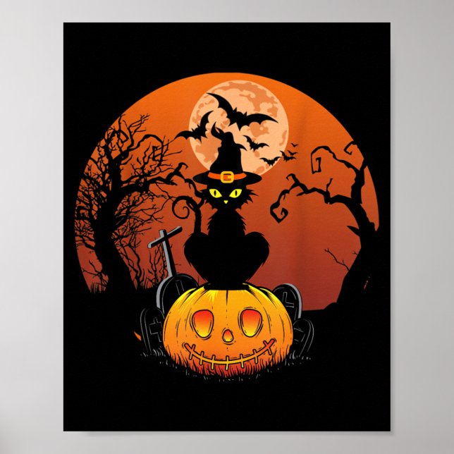 Poster Gato Preto Fofo Lua Abóbora Halloween Divertido Ho (Frente)