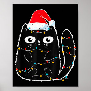 Poster Gato Preto Fofo Papai Noel Luzes de Natal Meow Kit