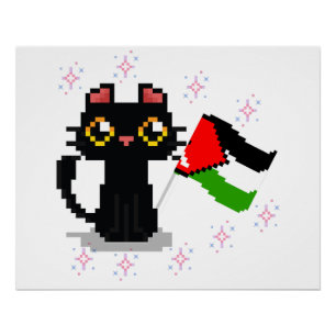 Póster gato preto fofo segura bandeira da Palestina