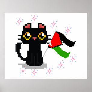 Poster gato preto fofo segura bandeira da Palestina