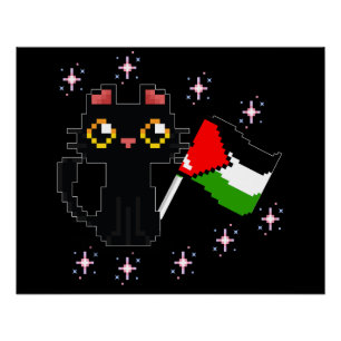 Póster gato preto fofo segura bandeira da Palestina