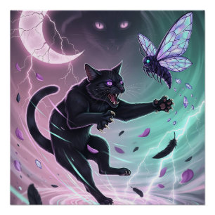 Póster Gato Preto Furioso Pastel Góthico e Mariposa Místi
