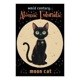 Póster Gato Preto Futurista Atômico da Lua com texto