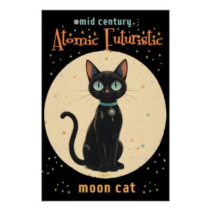 Póster Gato Preto Futurista Atômico da Lua com texto