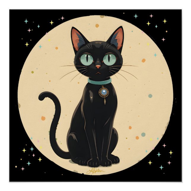 Póster Gato Preto Futurista Atômico Lua (Frente)