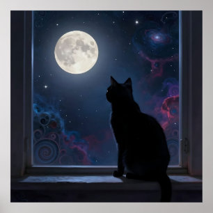 Poster Gato Preto Galáxia Lua Cheia Cena da Janela
