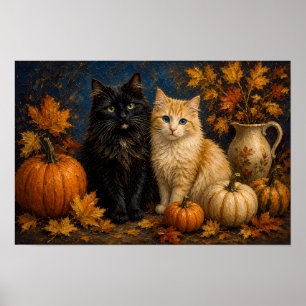 Poster Gato Preto & Gato Laranja de Halloween Vintage