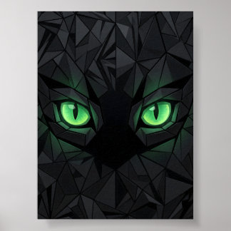 Poster Gato Preto Geométrico com Olhos Esmeralda Verdes