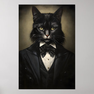 Poster Gato Preto Gótico de Terno Impresso, Dark Academia