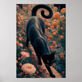 Poster Gato Preto Gustav Klimt num Jardim Flor, Arte Gato