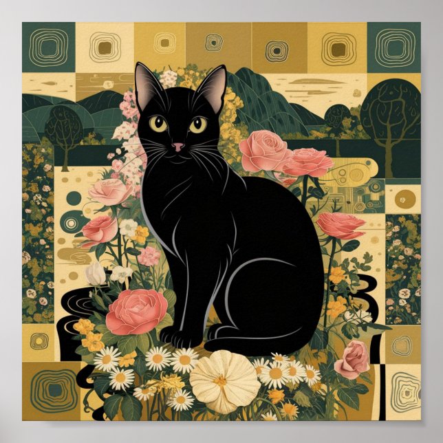 Poster Gato Preto Gustav Klimt num Jardim Flor, Arte Gato (Frente)