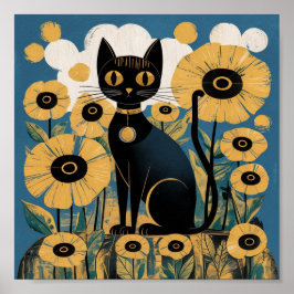 Poster Gato Preto Gustav Klimt num Jardim Flor, Arte Gato