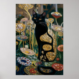 Poster Gato Preto Gustav Klimt num Jardim Flor, Arte Gato
