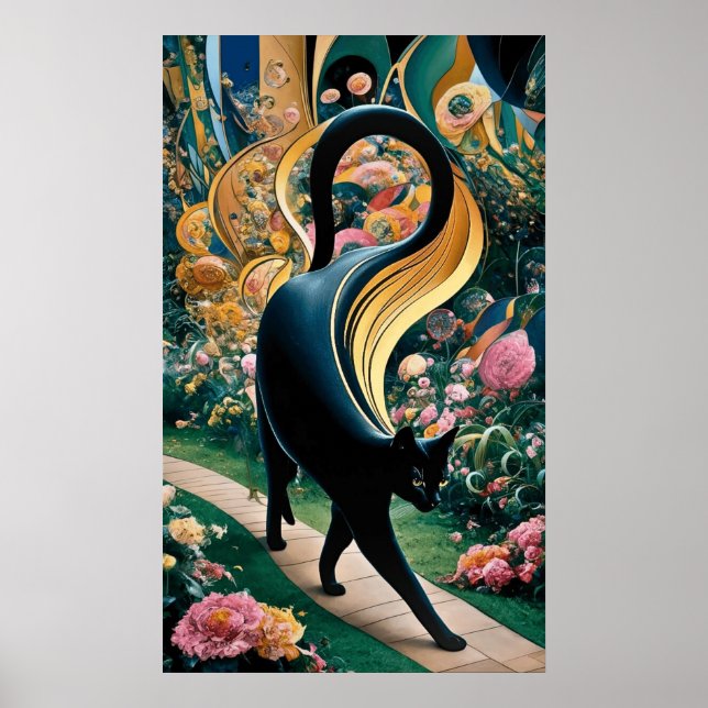 Poster Gato Preto Gustav Klimt num Jardim Flor, Arte Gato (Frente)