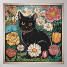 Gato Preto Gustav Klimt num Jardim Flor, Arte Gato