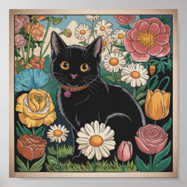 Poster Gato Preto Gustav Klimt num Jardim Flor, Arte Gato