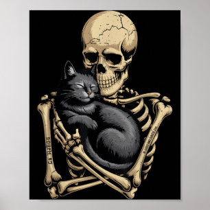 Poster Gato Preto Halloween Esqueleto Abraçando Gato Engr