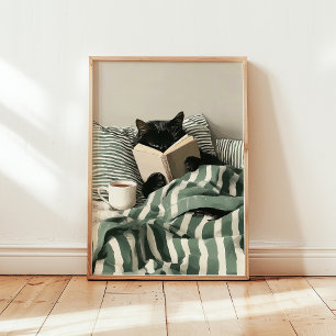 Poster Gato Preto lendo livro na cama