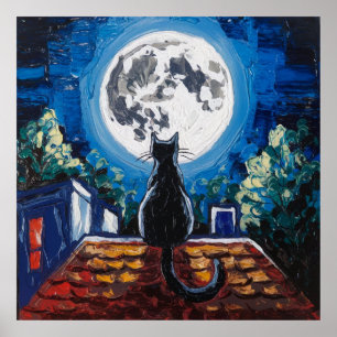 Poster Gato Preto Lua Cheia Telhado