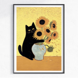 Poster Gato Preto Malicioso Estilo de Pintura de Girassol