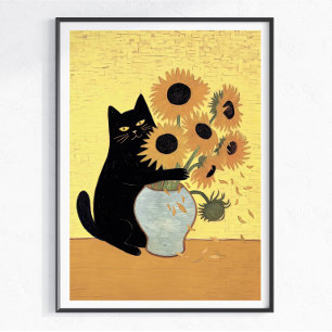 Poster Gato Preto Malicioso Estilo de Pintura de Girassol