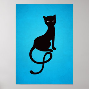 Póster Gato preto mau gracioso azul